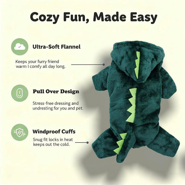 Dinosaur Flannel Pet Costume Soft Warm Four-Leg Jumpsuit for Dogs & Cats Cute Cosplay Outfit for Christmas New Year'S Party Button Closure Windproof Comfortable Green Fleece with 3D Spikes