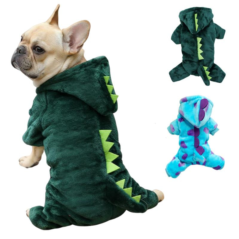Dinosaur Flannel Pet Costume Soft Warm Four-Leg Jumpsuit for Dogs & Cats Cute Cosplay Outfit for Christmas New Year'S Party Button Closure Windproof Comfortable Green Fleece with 3D Spikes
