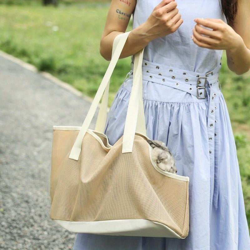 Summer Breathable Mesh Pet Tote Bag, Large Capacity Cat Carrier, Lightweight Handheld Outdoor Travel Bag for Furry Friends