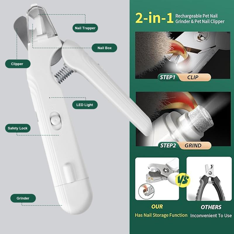 2-In-1 Dog Cat Nail Clipper, Dog Nail Trimmer for Grooming, Small & Large Dogs Cats, Professional Cat Dog Claw Care Pet Nail Clipper with Quick Sensor, Safety Guard Type-C Rechargeable, 2 LED Lights